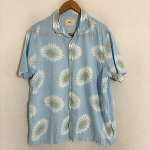 Folk Drake Linen Blend Hawaiian Shirt Mens L Floral Button Up Travel Camp